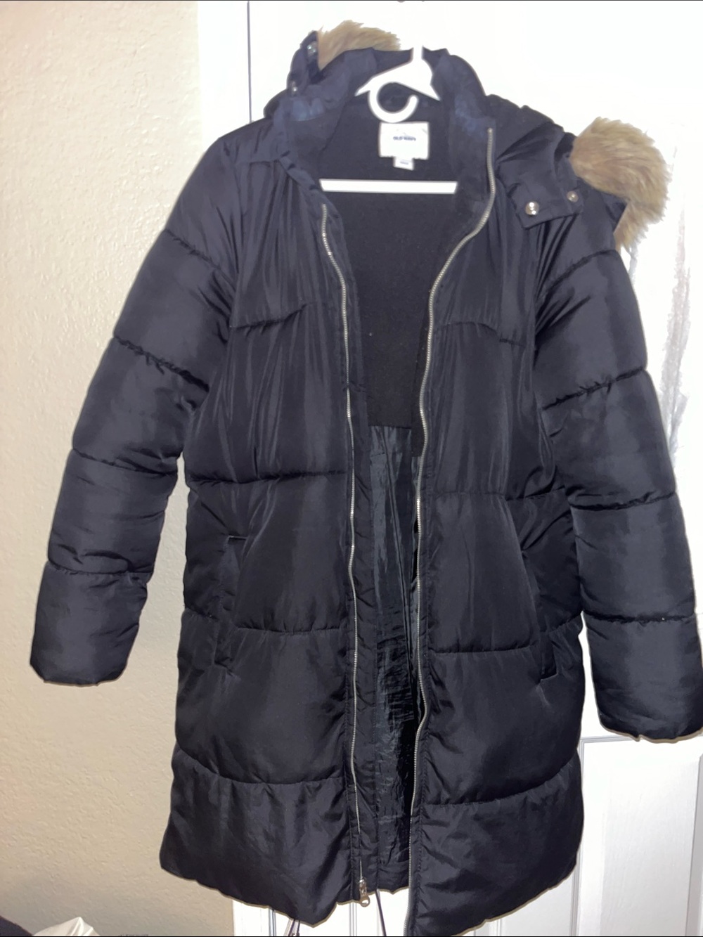 Old Navy Black Puffer Coat with Faux Fur Trim Hood